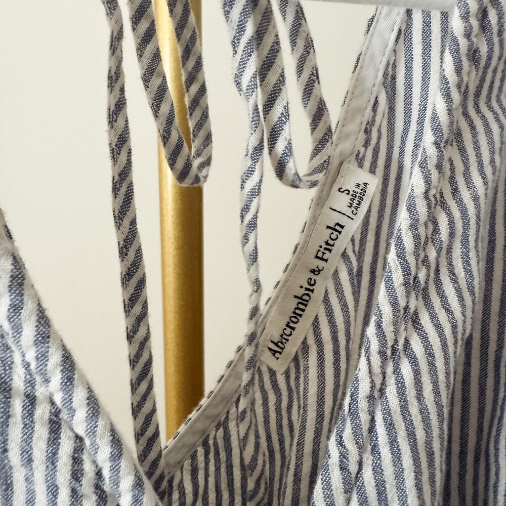 Abercrombie & Fitch Striped Linen Wrap Crop Top | Puff Sleeve | Smocked Back | S - Picture 7 of 12